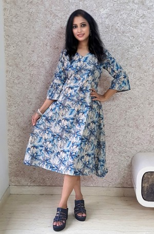 Designer digital printed blend cotton sky blue dress